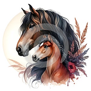 Horse. Portrait. Beautiful Horse with foal. Watercolor. Isolated illustration on a white background. Banner. Close-up