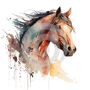 Horse portrait made using watercolor technique. Stallion animal wild or domesticated on a white background with