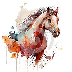 Horse portrait made using watercolor technique. Stallion animal wild or domesticated on a white background with