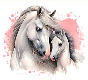 Horse. Portrait. White Horse with foal. Watercolor. Isolated illustration on a white background. Banner. Close-up