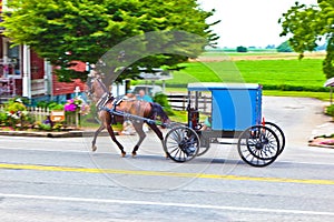 A horse pulling a cart across