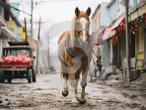 Horse pulling toy taxi with wide lens