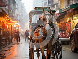 Horse pulling toy taxi with wide lens