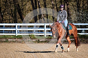 Horse quarter horse in the diagonal on the riding arena with rider in a trot, motif left in the picture with raised front leg.