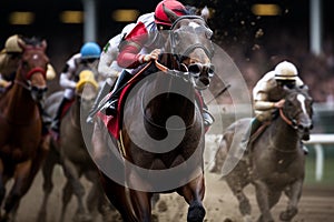 Horse race in action. Sportsmen riding horses on racetrack fast. Generative AI