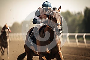 Horse races, jockey and his horse goes towards finish line. Traditional European sport. Generative AI.