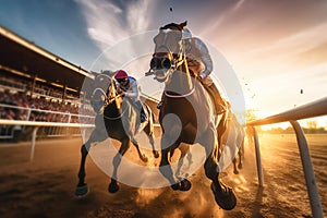 Horse racing, betting on equestrian sports. An equestrian. Many horses are competing, running against the background of the sunset