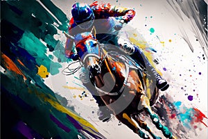 Horse racing on a colorful abstract background. AI generated