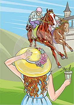 Horse racing competition. Vector illustration. Derby. Woman with cocktail in hat. photo