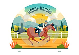 Horse Racing Competition Vector Illustration with Equestrian Performance Sport and Rider or Jockeys in a Racecourse