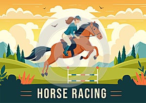 Horse Racing Competition Vector Illustration with Equestrian Performance Sport and Rider or Jockeys in a Racecourse