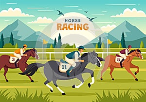 Horse Racing Competition Vector Illustration with Equestrian Performance Sport and Rider or Jockeys in a Racecourse