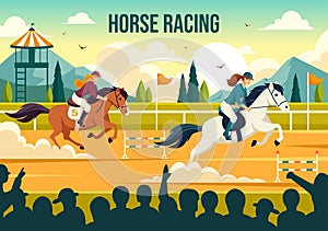 Horse Racing Competition Vector Illustration with Equestrian Performance Sport and Rider or Jockeys in a Racecourse