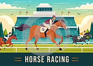 Horse Racing Competition Vector Illustration with Equestrian Performance Sport and Rider or Jockeys in a Racecourse