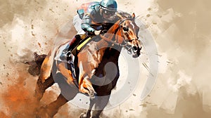 Horse racing . Digital illustration of thoroughbred horse and jockey.