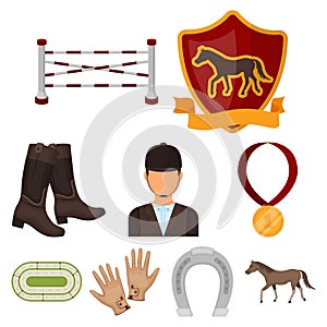 Horse racing and equipping riders.Hippodrome and horse icon in set collection on cartoon