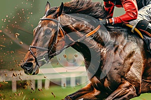 Horse racing intensity captured in a dramatic splash of mud, jockey striving for victory