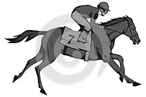 Horse racing. Jockey on racing horse running to the finish line. Race course
