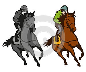 Horse racing. Jockey on racing horse running to the finish line. Race course