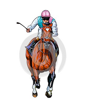 Horse racing with a jockey from splash of watercolors, colored drawing, realistic, Horseback riding