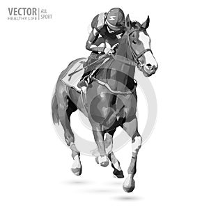 Horse racing jockey. Sport. Champion. Racetrack. Equestrian. Derby. Black and white image. Vector illustration