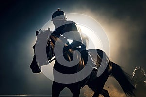 Horse racing at sunset. Silhouette of thoroughbred and jockey. Generative AI.