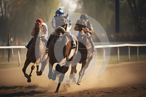 Horse racing at sunset. Silhouette of thoroughbred and jockey. Generative AI.