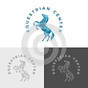 Horse rearing illustration in polygonal style, equestrian logo design, equine sports symbol with variations. Vector