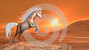 Horse rearing by sunset - 3D render