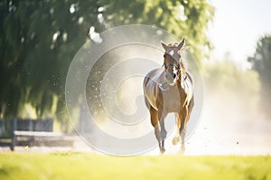 horse receiving mist spray on summer day