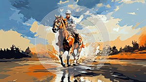 A horse rider in action during a colorful paint splash, isolated on a white background.