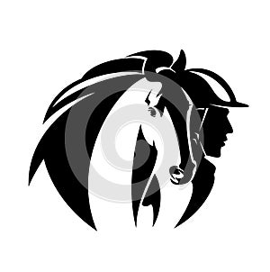Horse rider athlete and stallion head black and white vector portrait design