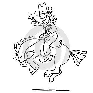 Horse rider cartoon vector illustration isolated on white. Vector funny cowboy riding wild horse.