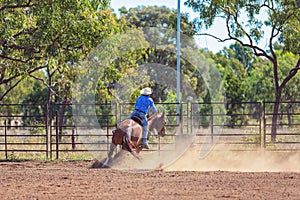 Horse And Rider Competing In Barrel Race At Outback Country Rodeo