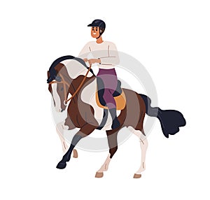 Horse rider. Equestrian riding horseback, sitting on stallion. Equine animal, horseriding, dressage. Horseman in saddle