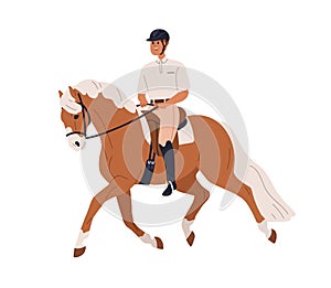 Horse rider. Equestrian riding horseback, stallion. Equine animal walking horseriding. Horseman in hat in saddle, steed