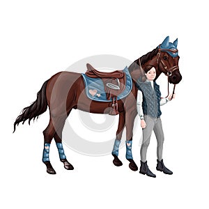 Horse and rider girl woman in ammunition for jumping - saddle, cap, bridle, halter, wagtrap, stamping, boots, cylinder