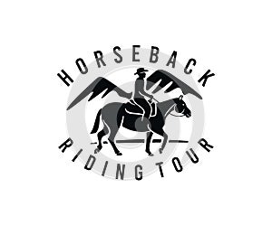 Horse and rider, horseback riding tour and mountains, logo design. Animal, pet, equine, stable and ranch, vector design