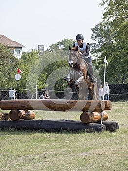 Horse rider jumping over a barrier