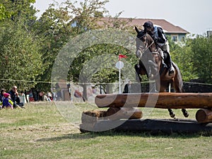 Horse rider jumping over a barrier