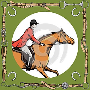 Horse rider in leather belt frame with bit, horseshoe. Equestrian sport fox hunting horseman in red jacket.