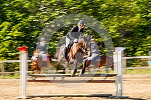 Horse and rider negotiating a show jumping obstacle