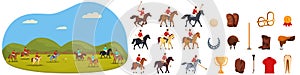 Horse rider playing polos game icons set cartoon . Sport mallet photo