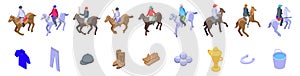 Horse rider playing polos game icons set isometric vector. Stick mallet photo