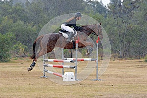 Horse and rider show jumping in heavy rain