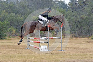 Un cavallo un cavaliere mostrare saltando pesante la pioggia 