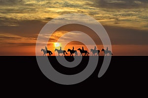 Horse rider silhouettes at sunset