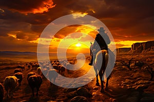 Horse rider on sunset orange background. Silhouette of cowboy on wild west. Generative AI