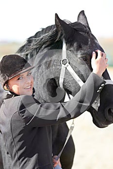 Horse rider, trainer portrait and woman on equestrian training and competition ground. Outdoor, female competitor and