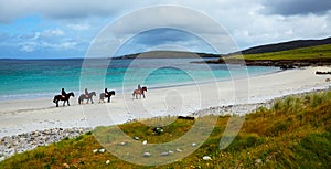 Horse and riders on the beach photo